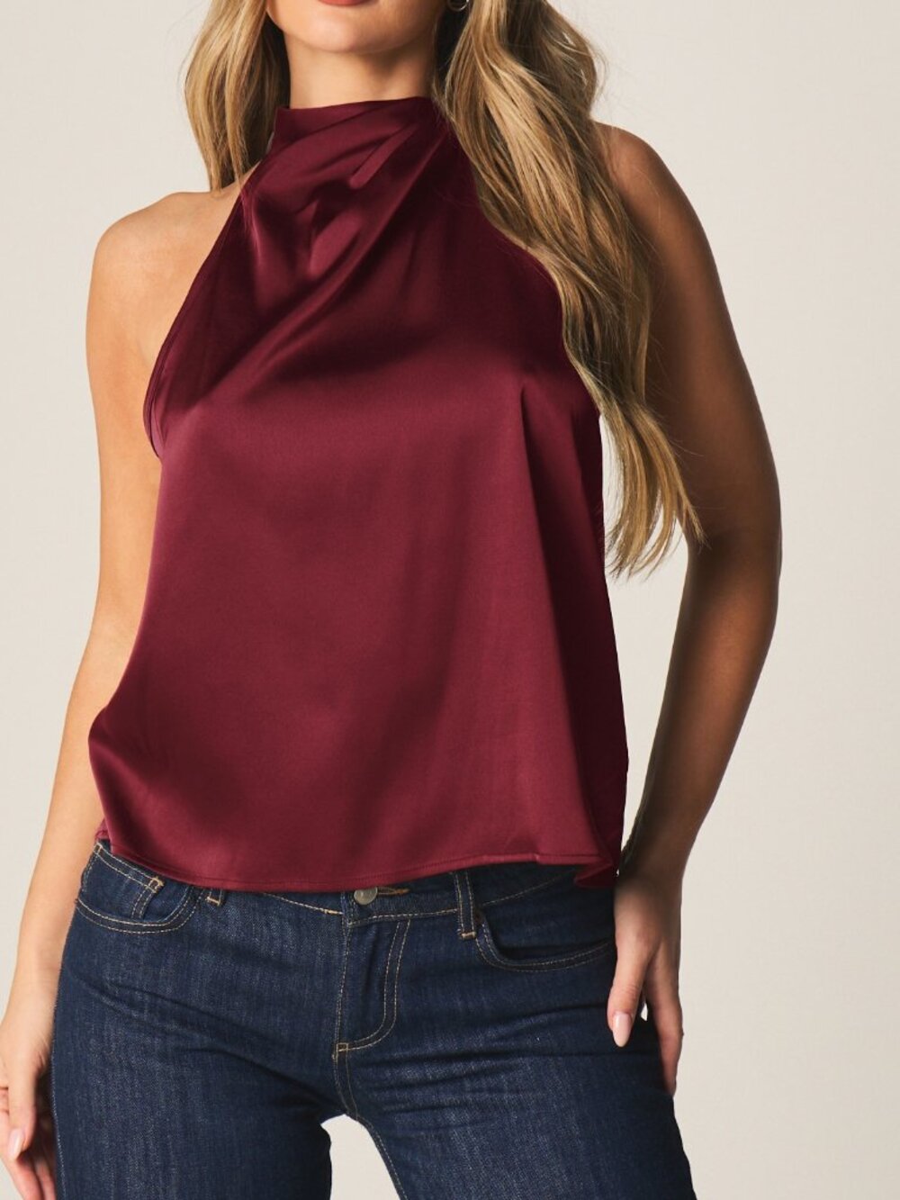 Burgundy Elegant Women's Asymmetrical Ruched Button Halter Neck Loose Top